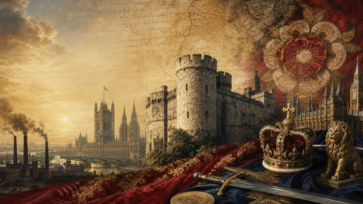 Historical collage of England with Gothic architecture, castles, and manuscript texture